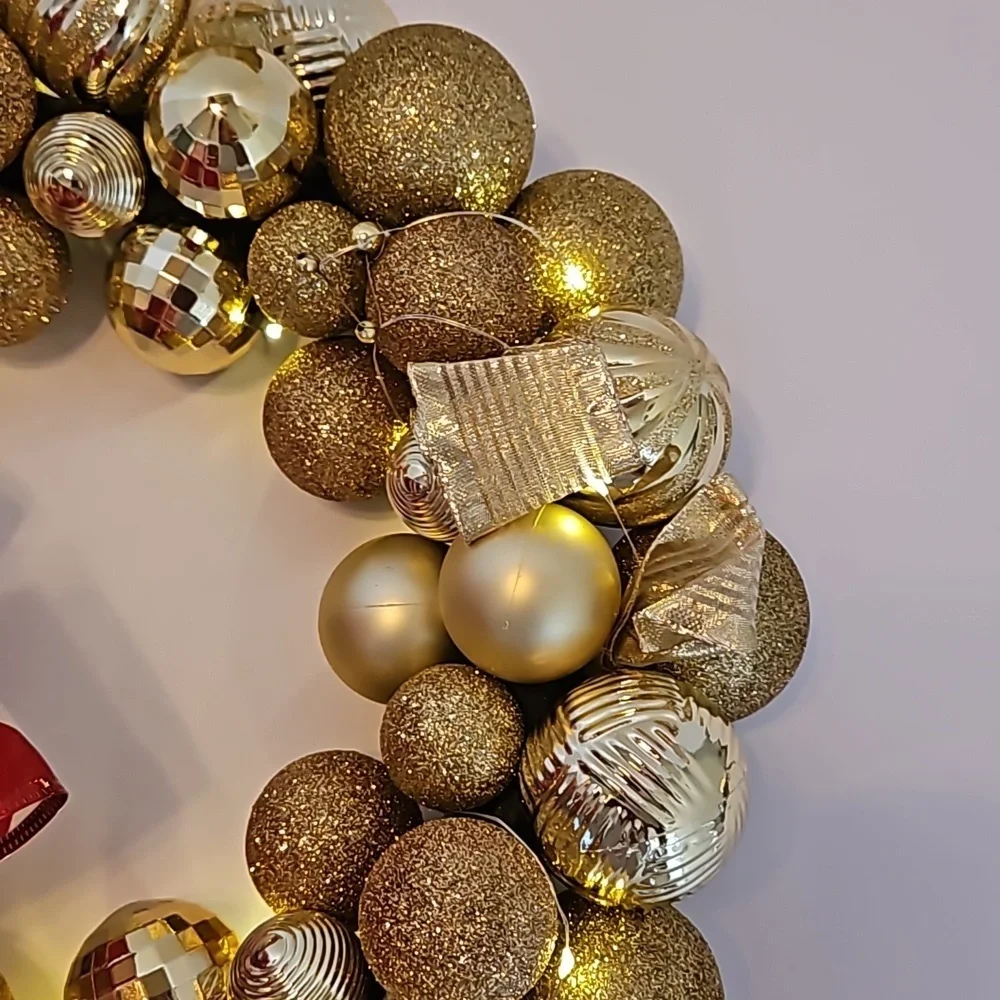 Upcycled Shatterproof Wreath Christmas Gold Ornaments Fairy Lights Handmade 14